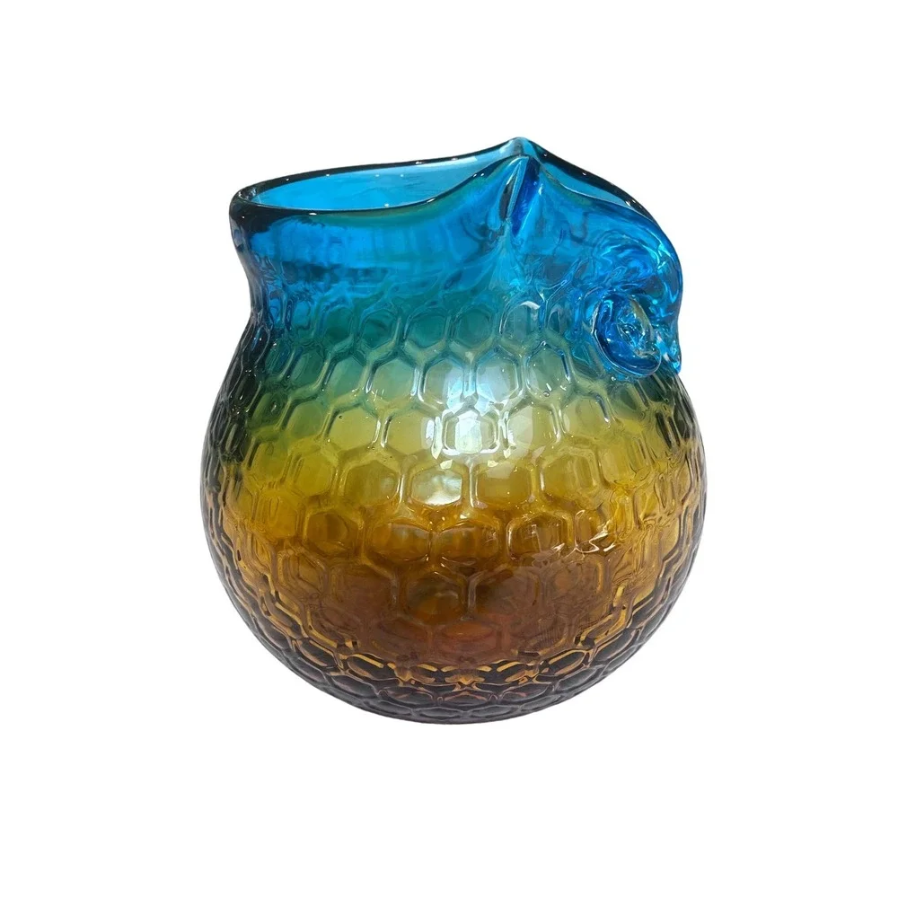 Art Glass Owl Vase Ombre Blue Amber Honeycomb Texture Hand Blown 7 Inch